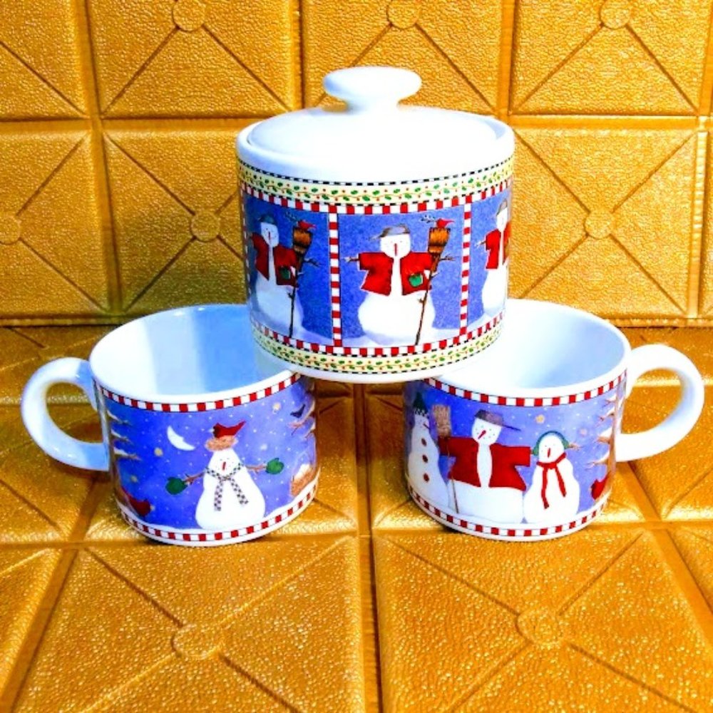 SAKURA *SUGAR BOWL W/LID & 2 MUGS*SNOWMAN FAMILY*CERAMIC